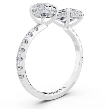 14 KT White Gold Emerald Cut Diamond Toi et Moi Ring with Pave Band - Top view