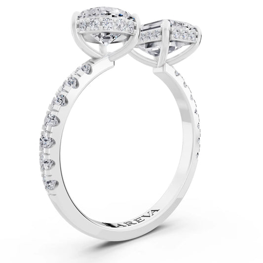 14 KT White Gold Emerald Cut Diamond Toi et Moi Ring with Pave Band - Top view