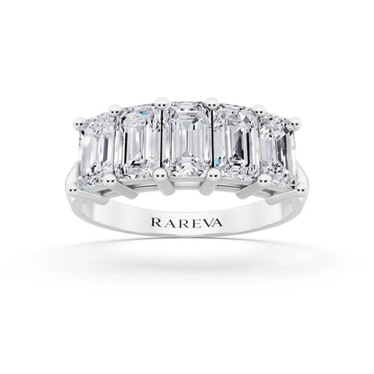 Silver Five Stone Emerald Cut Diamond Half Eternity Wedding Band - 2.7mm - Front