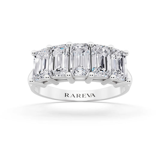 Silver Five Stone Emerald Cut Diamond Half Eternity Wedding Band - 2.7mm - Front