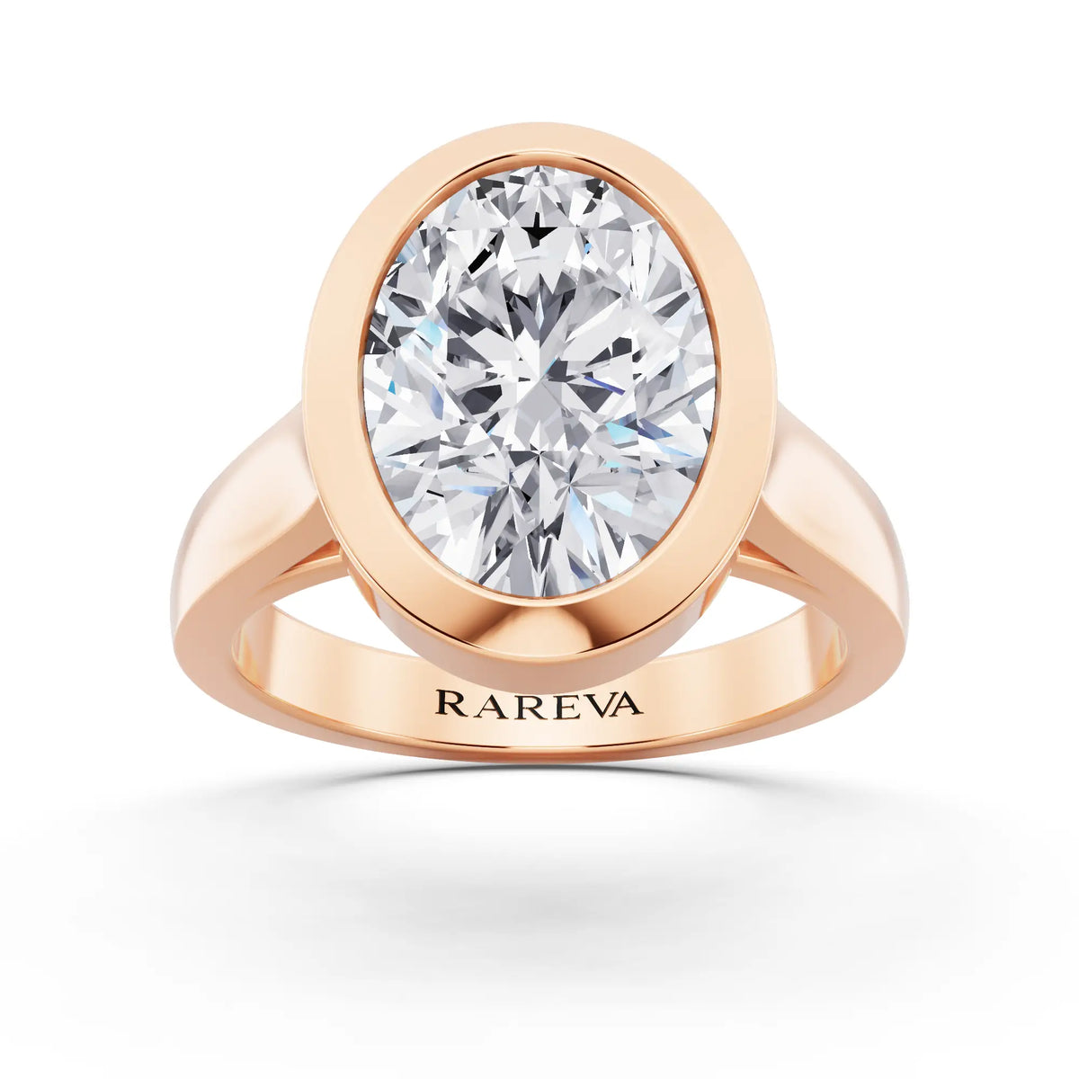 18 KT Rose Gold Oval Cut Diamond Bezel Set Solitaire Ring - front view