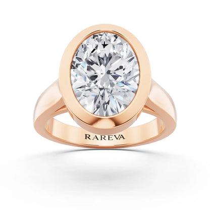 18 KT Rose Gold Oval Cut Diamond Bezel Set Solitaire Ring - front view