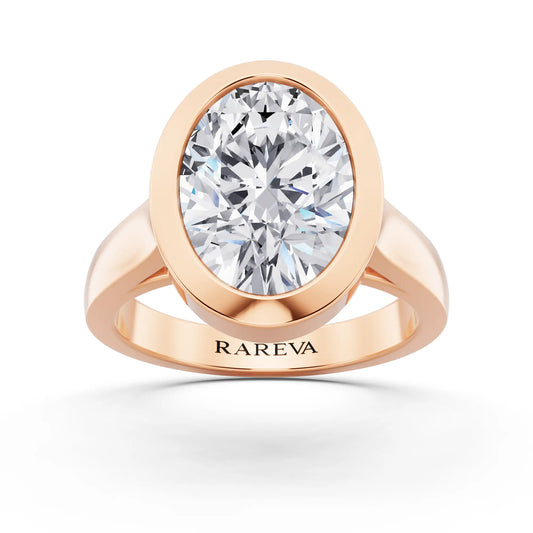 18 KT Rose Gold Oval Cut Diamond Bezel Set Solitaire Ring - front view