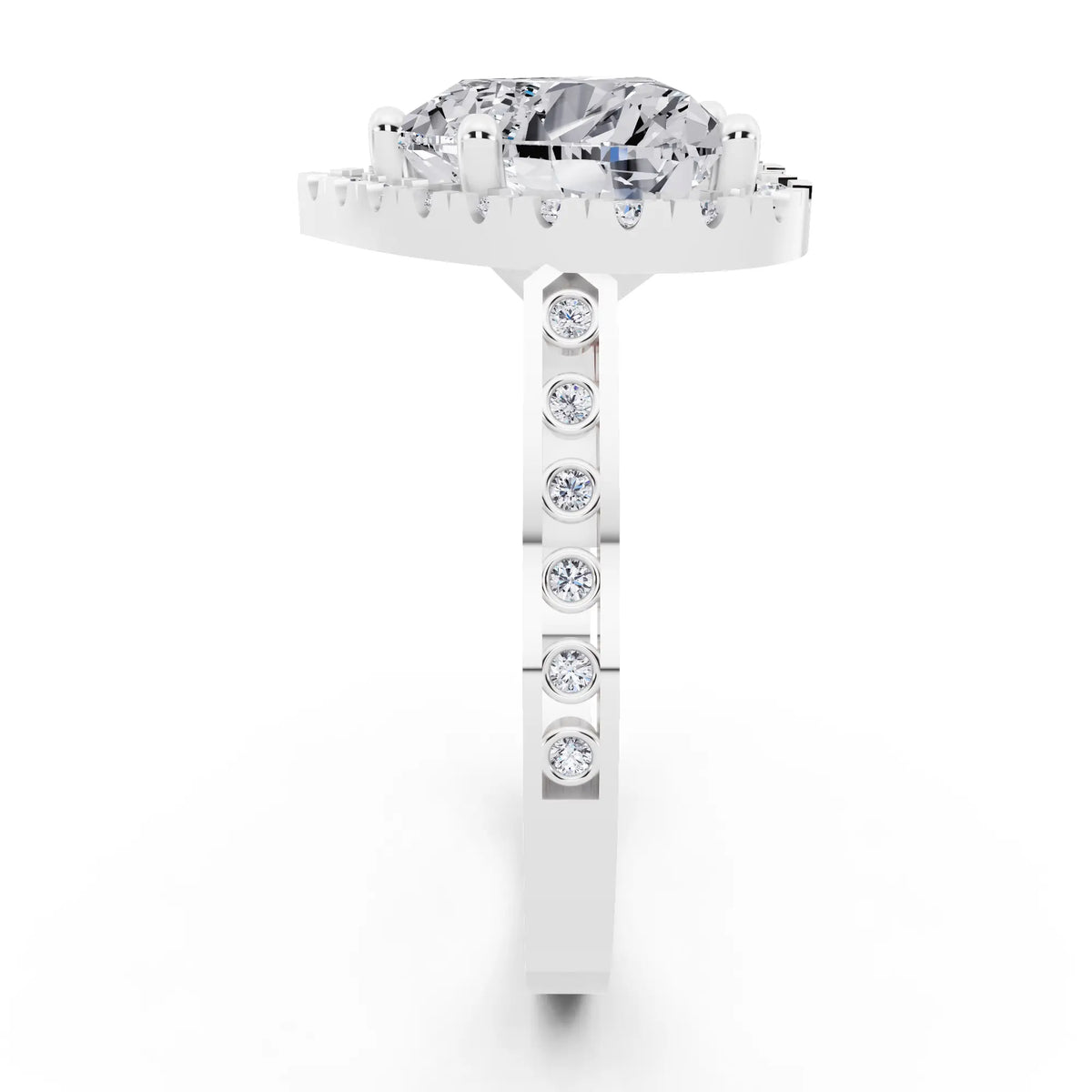 Platinum Heart Cut Diamond Halo Ring with Bezel Accent Band - side view
