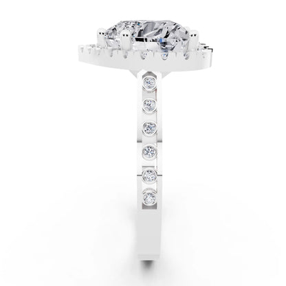 Platinum Heart Cut Diamond Halo Ring with Bezel Accent Band - side view