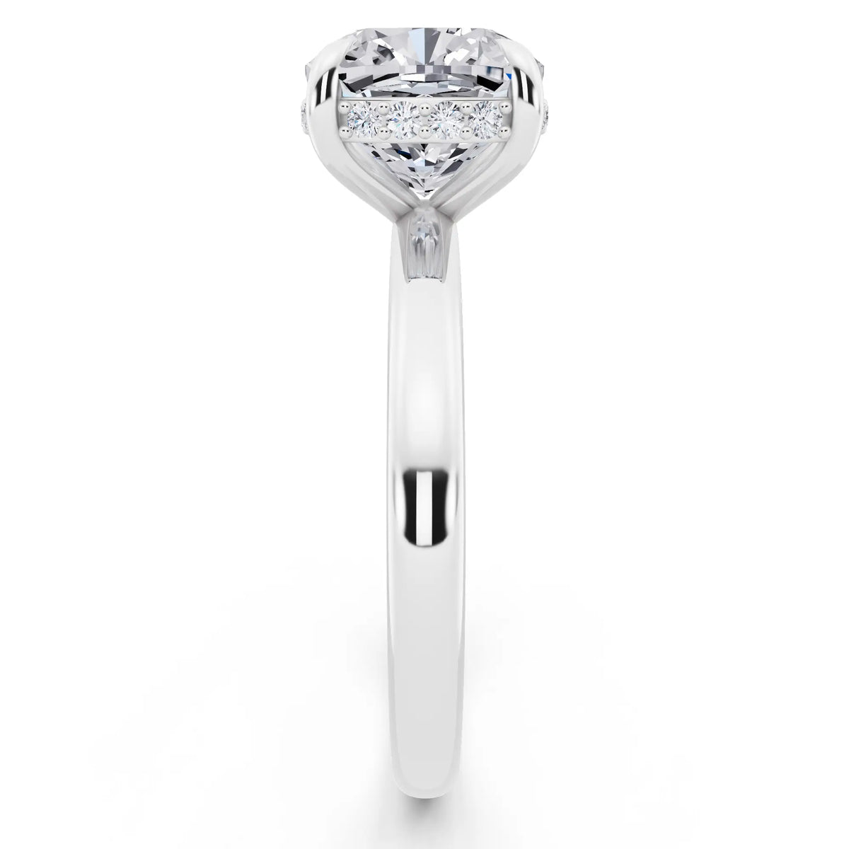 18 KT White Gold Cushion Cut Diamond Hidden Halo Solitaire Ring - side view