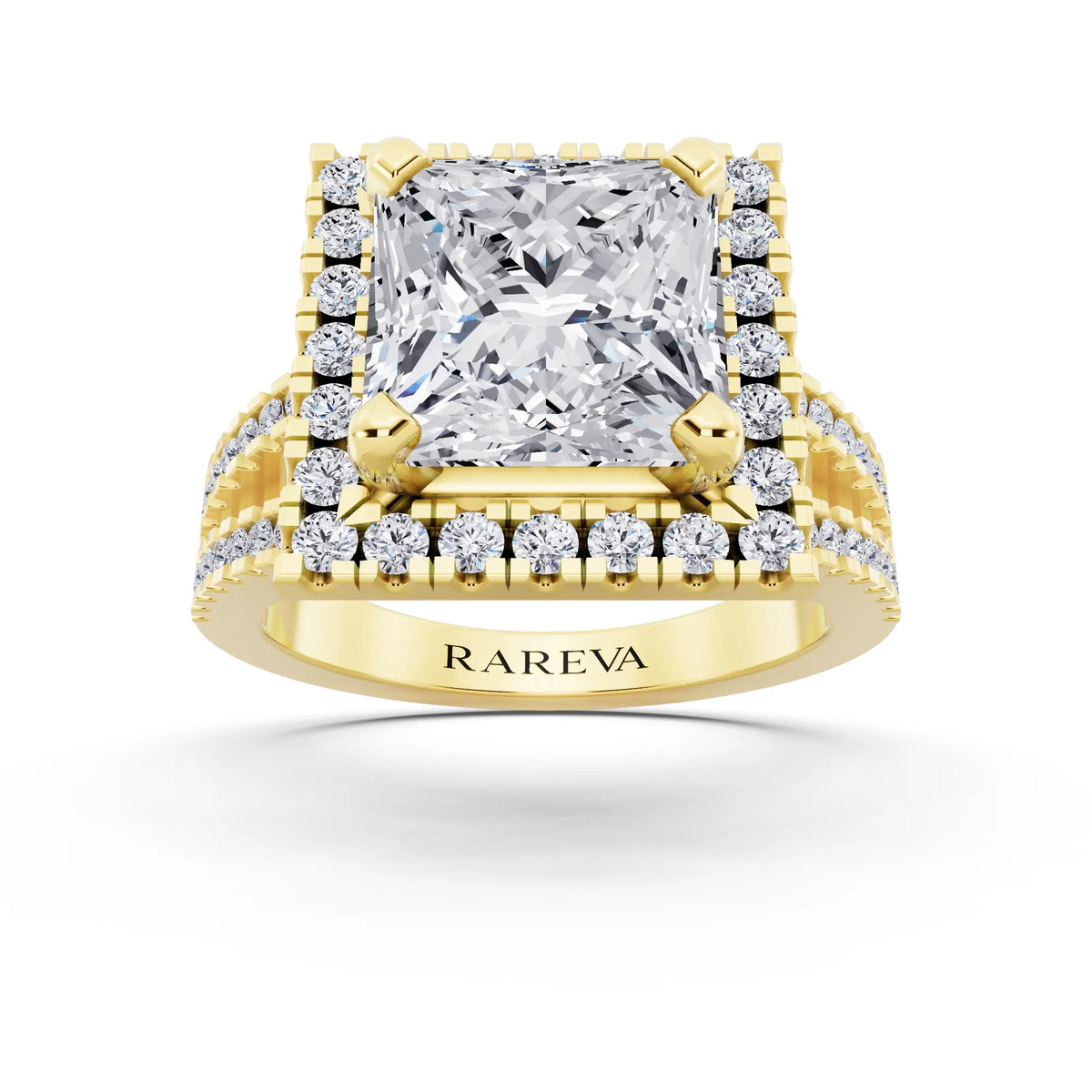 18 KT Yellow Gold Princess Cut Diamond Halo Ring with Pave Split Shank - front view