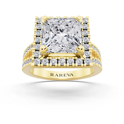 18 KT Yellow Gold Princess Cut Diamond Halo Ring with Pave Split Shank - front view