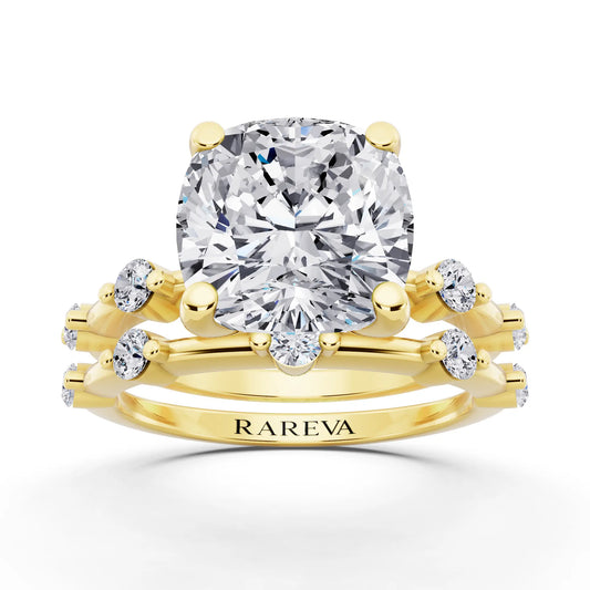18 KT Yellow Gold Cushion Cut Diamond Ring with Floating Accent Band - front view