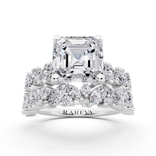 18 KT White Gold Asscher Cut Diamond Ring with Marquise Cluster Band - front view