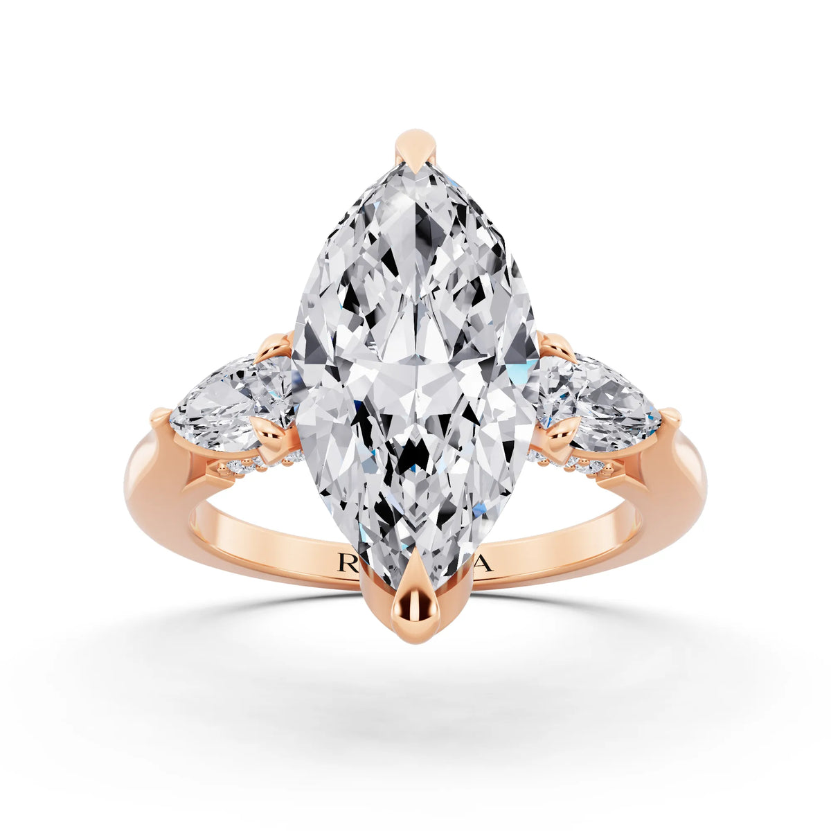 14 KT Rose Gold Marquise Cut Diamond Cluster Engagement Ring with Pear Accents and Pavé Band - front view