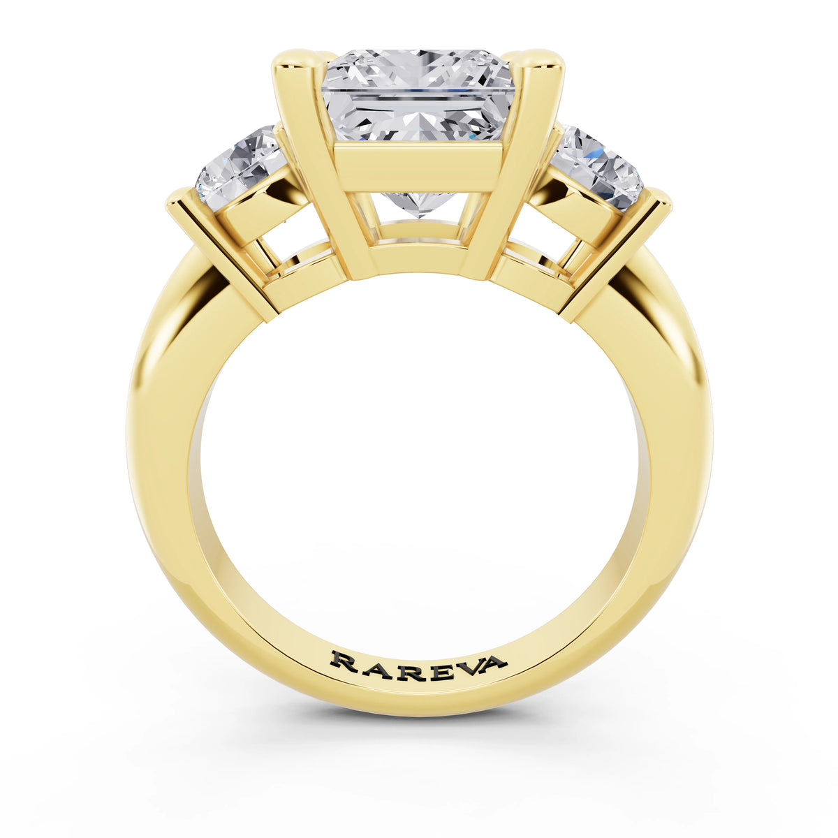 14 KT Yellow Gold Princess Cut Diamond Three Stone Ring with Round Accents - through finger