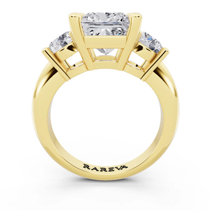 14 KT Yellow Gold Princess Cut Diamond Three Stone Ring with Round Accents - through finger