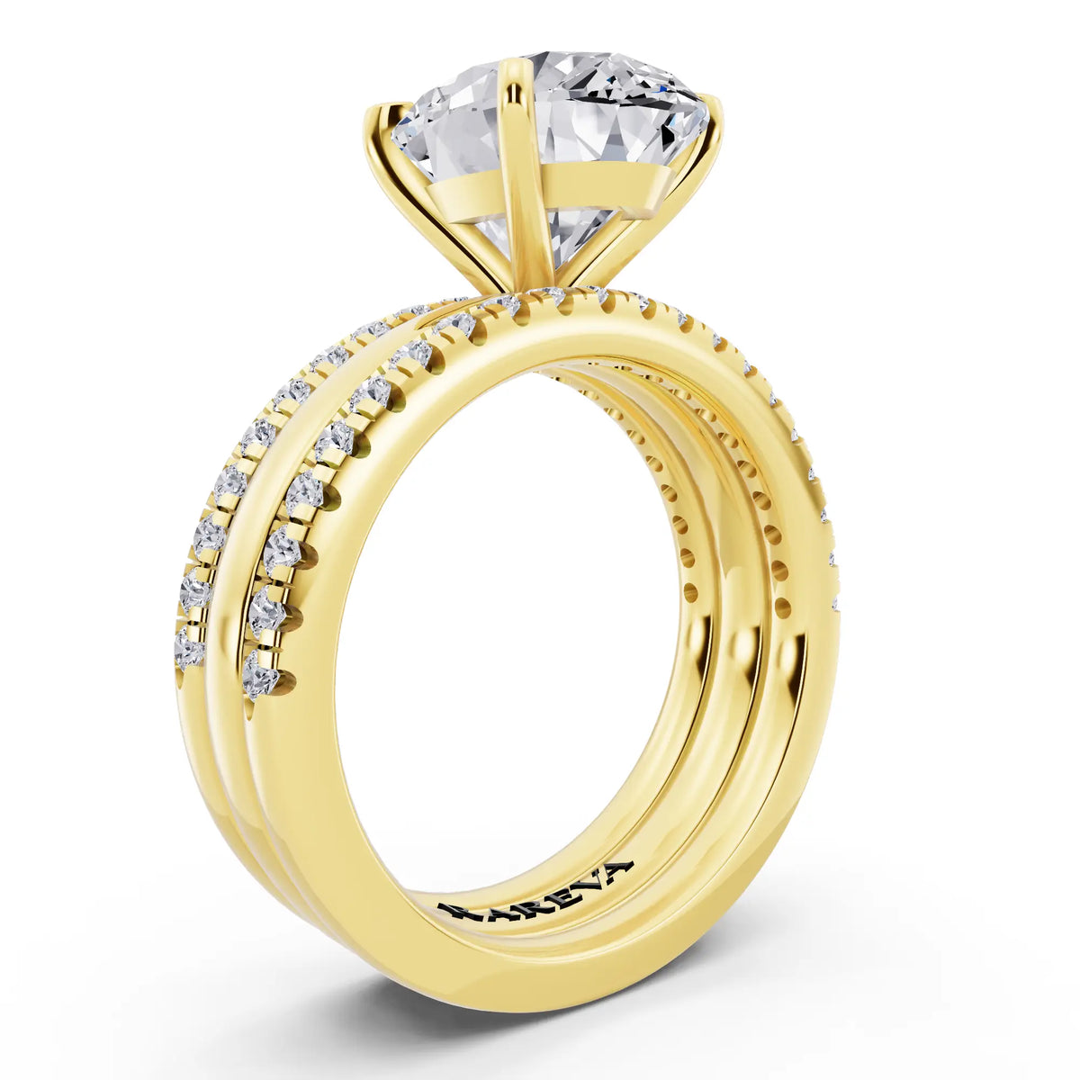 18 KT Yellow Gold Oval Cut Diamond Solitaire Twin Pave Band Stack Ring - top view