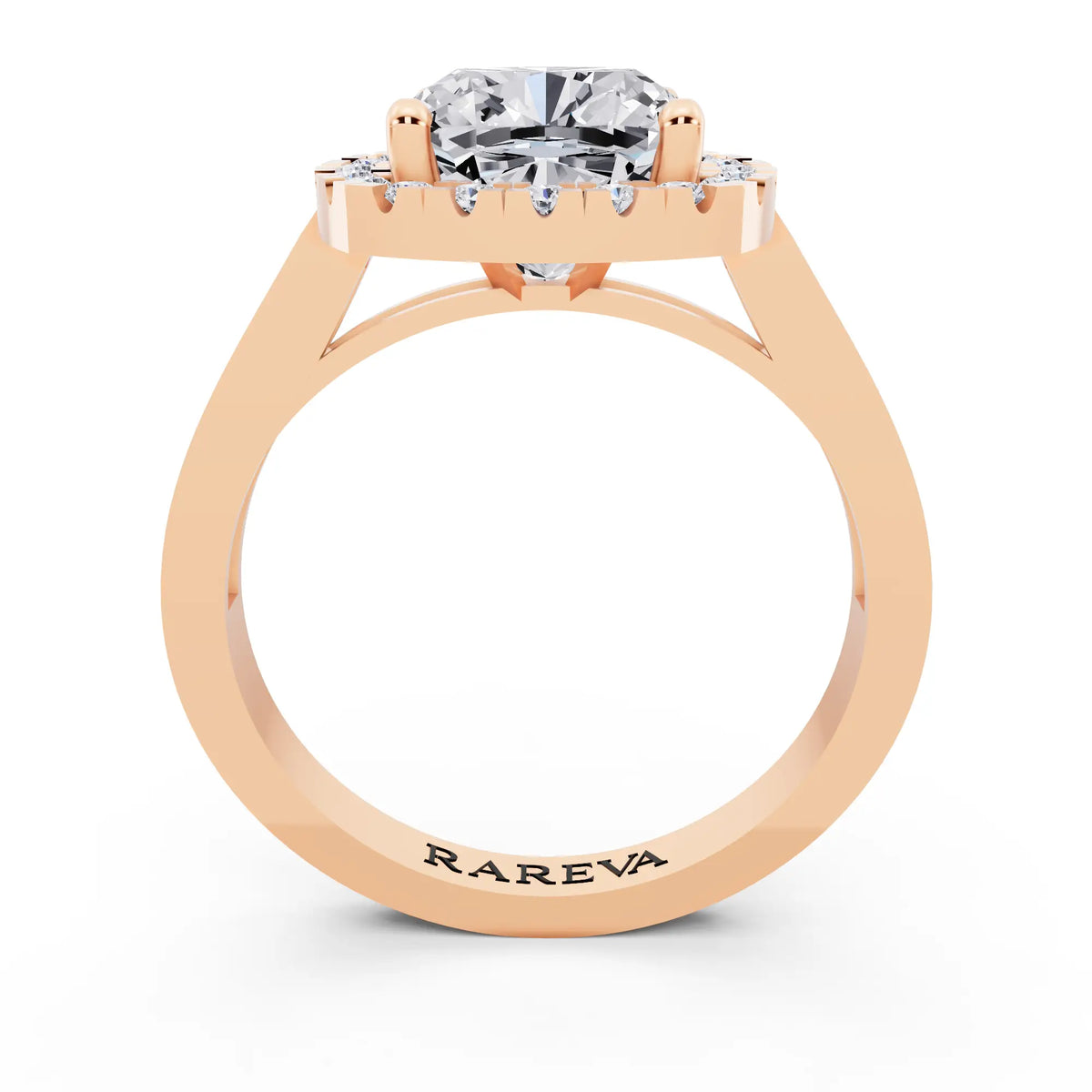 18 KT Rose Gold Cushion Cut Diamond Halo Ring with Bezel Accent Band - through finger