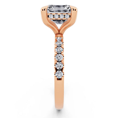 14 KT Rose Gold Asscher Cut Diamond Solitaire Ring with Round Pavé Band and Prong Setting - side view