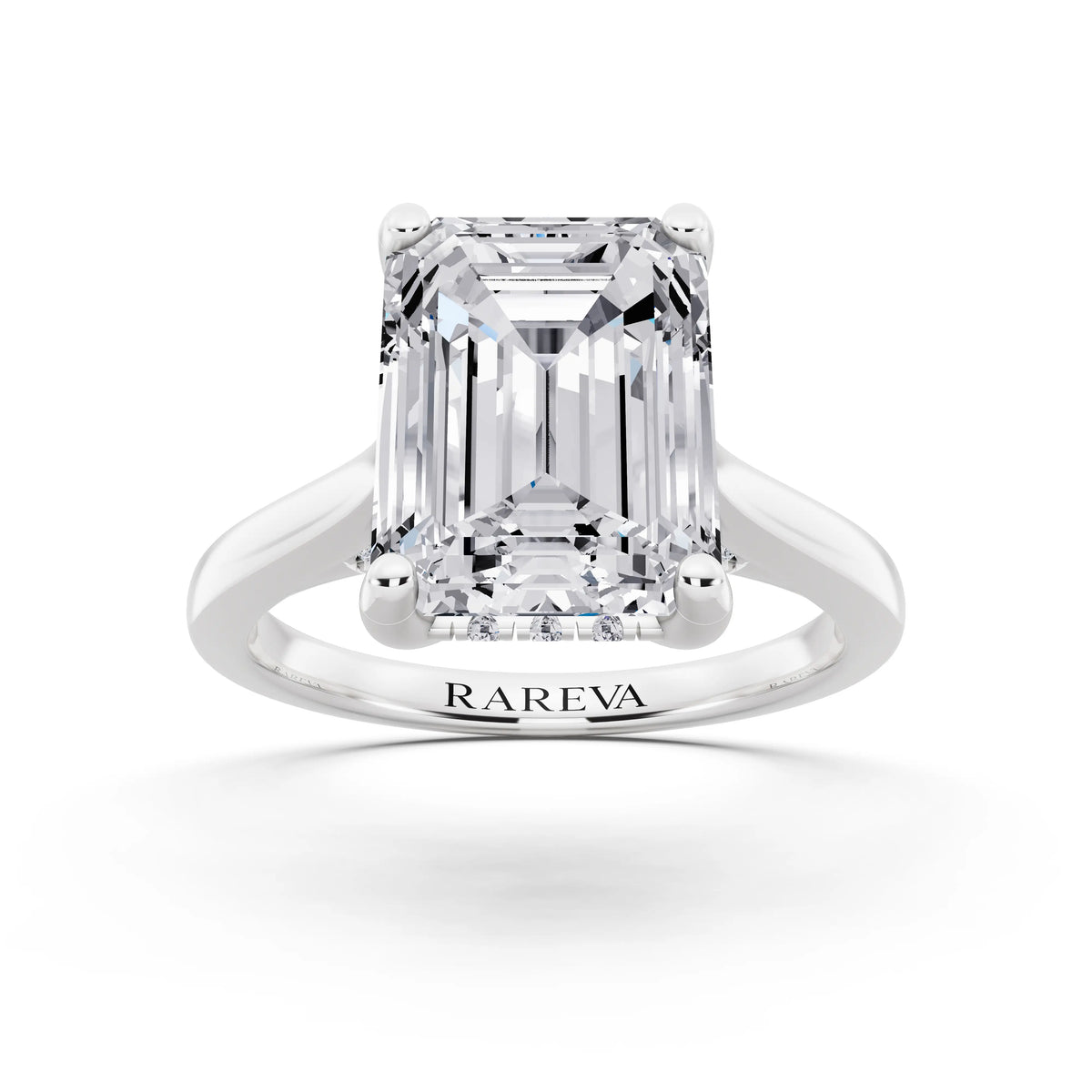 14 KT White Gold Emerald Cut Diamond Solitaire Ring with Cathedral Band - front view
