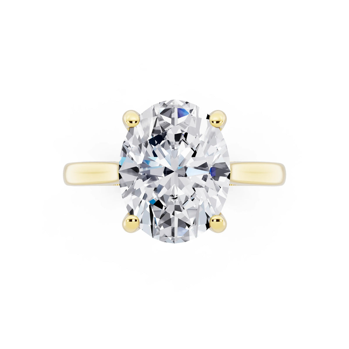 18 KT Yellow Gold Oval Cut Diamond Solitaire Ring with Cathedral Band - top angle