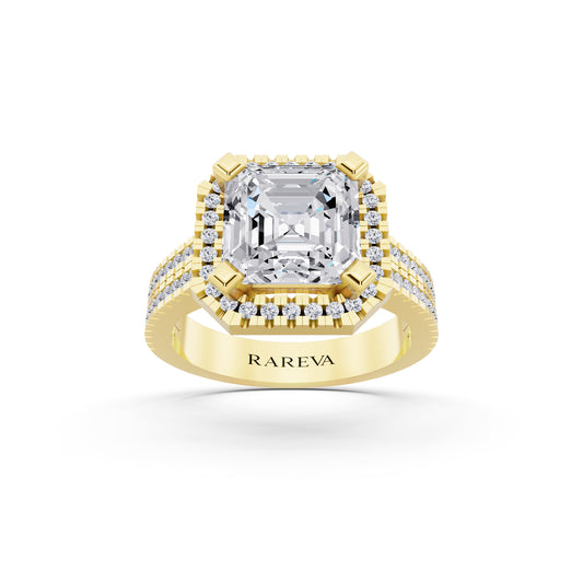 14 KT Yellow Gold Asscher Cut Diamond Halo Ring with Twin Pave Band - front view