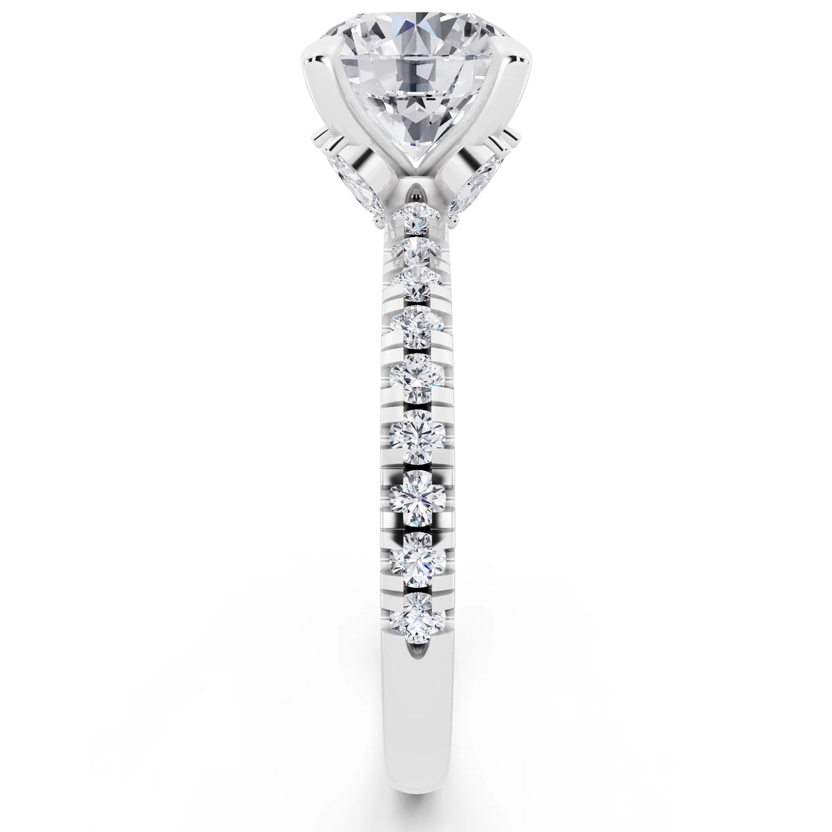 14 KT White Gold Round Cut Diamond Solitaire Ring with Marquise Collar - side view