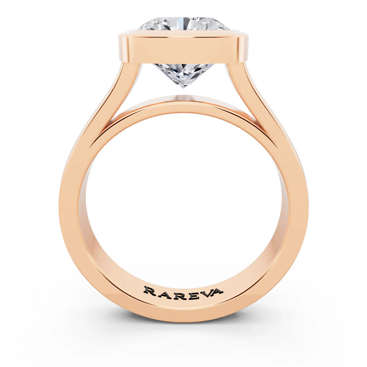 18 KT Rose Gold Cushion Cut Diamond Bezel Set Solitaire Ring - through finger