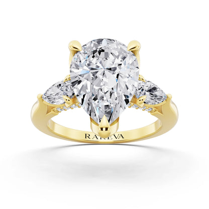 18 KT Yellow Gold Pear Cut Diamond Cluster Engagement Ring with Pear Accents and Pavé Band - front view