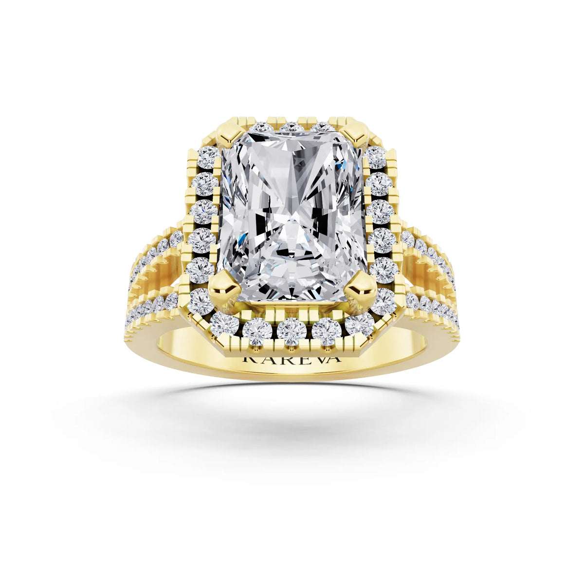14 KT Yellow Gold Radiant Cut Diamond Halo Ring with Pave Split Shank - front view