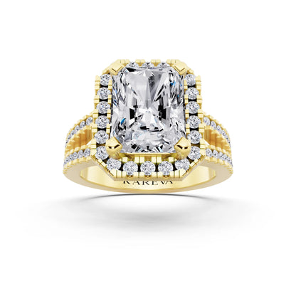 14 KT Yellow Gold Radiant Cut Diamond Halo Ring with Pave Split Shank - front view
