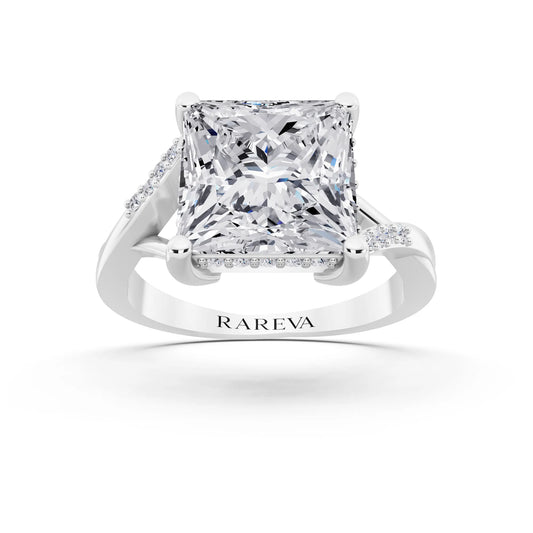 14 KT White Gold Princess Cut Diamond Split Shank Engagement Ring with Hidden Halo - front view