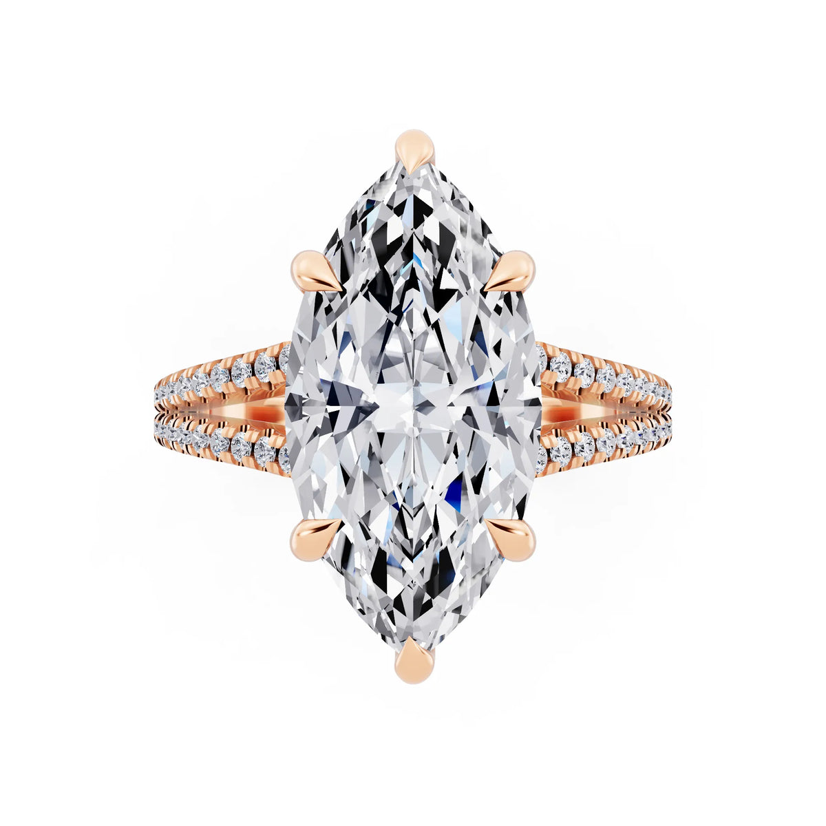 14 KT Rose Gold Marquise Cut Diamond Ring with Pavé Split Shank - top angle