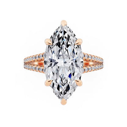 14 KT Rose Gold Marquise Cut Diamond Ring with Pavé Split Shank - top angle