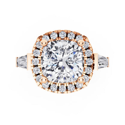14 KT Rose Gold Cushion Cut Diamond Halo Ring with Baguette Accents - top angle