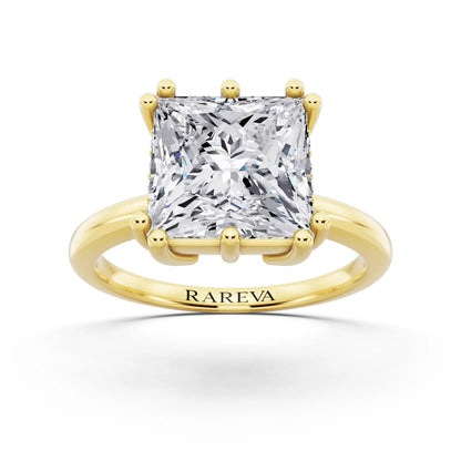 18 KT Yellow Gold Princess Cut Diamond Solitaire Ring with Hidden Accent Basket - front view