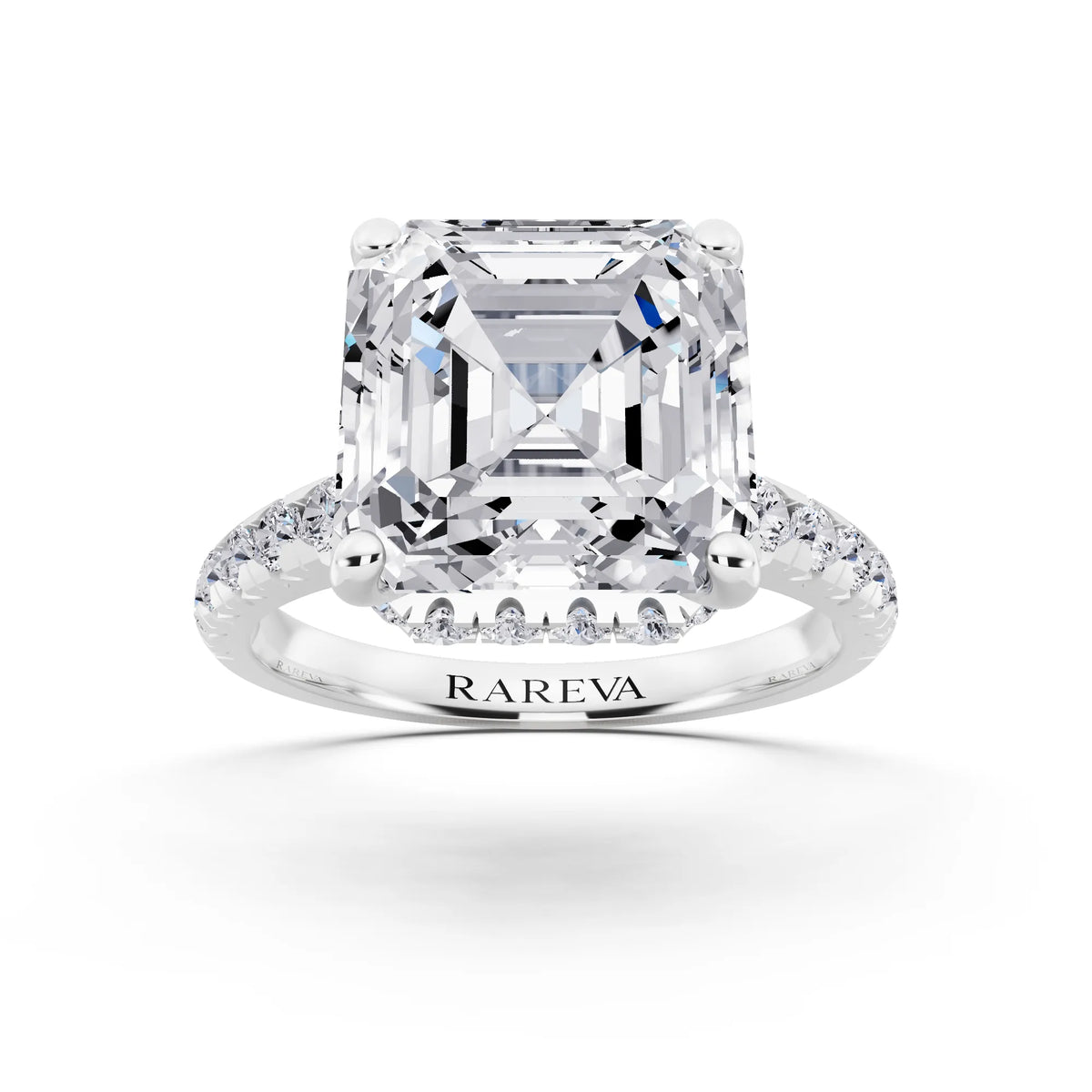 18 KT White Gold Asscher Cut Diamond Ring with Hidden Halo - front view