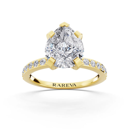 18 KT Yellow Gold Pear Cut Diamond Solitaire Ring with Pave Shank - front view