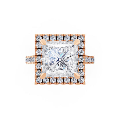 14 KT Rose Gold Princess Cut Diamond Halo Ring with Pave Cathedral Band - Top down