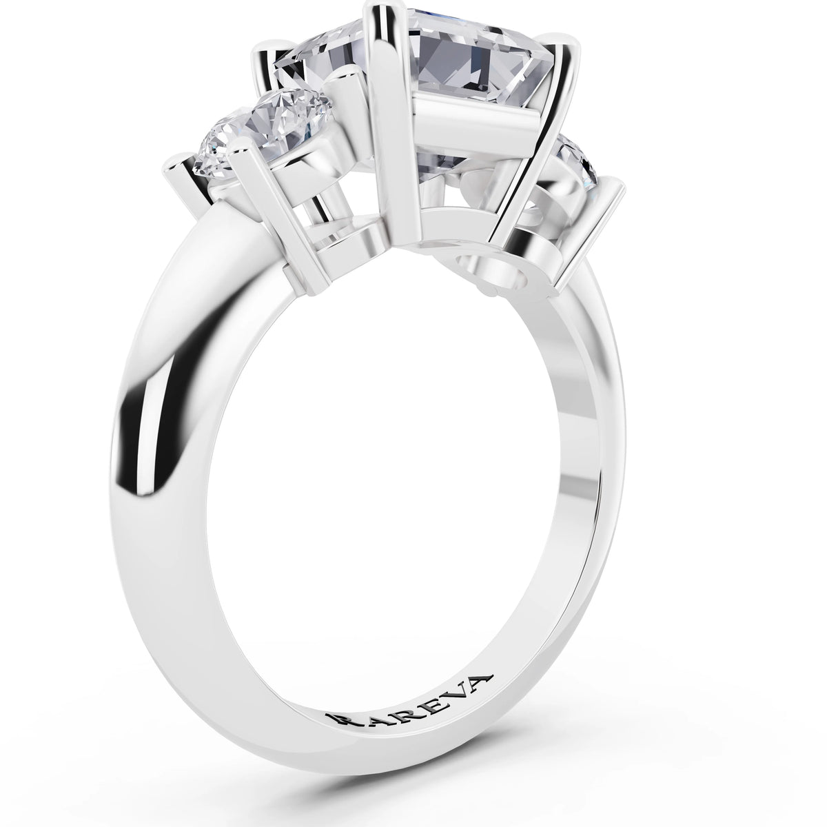 14 KT White Gold Asscher Cut Diamond Three Stone Ring with Round Accents - top view