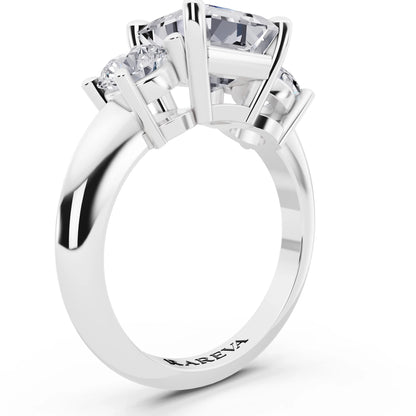 14 KT White Gold Asscher Cut Diamond Three Stone Ring with Round Accents - top view