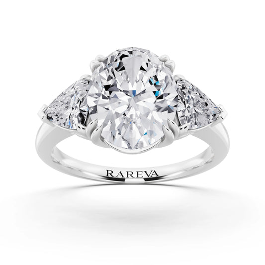 14 KT White Gold Oval Cut Diamond Three Stone Ring with Trillion Accents - front view
