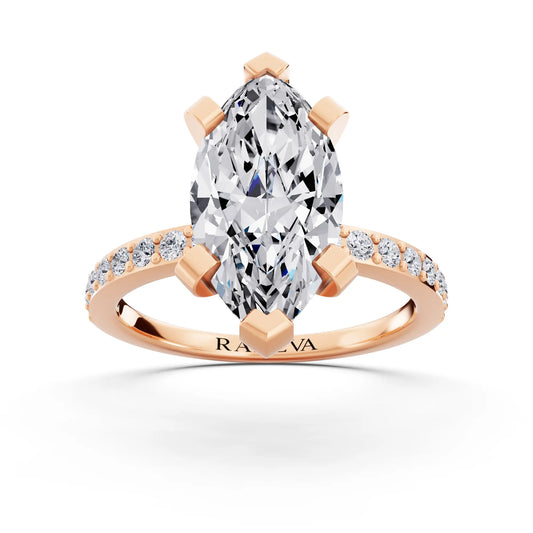 14 KT Rose Gold Marquise Cut Diamond Solitaire Ring with Pave Shank - front view
