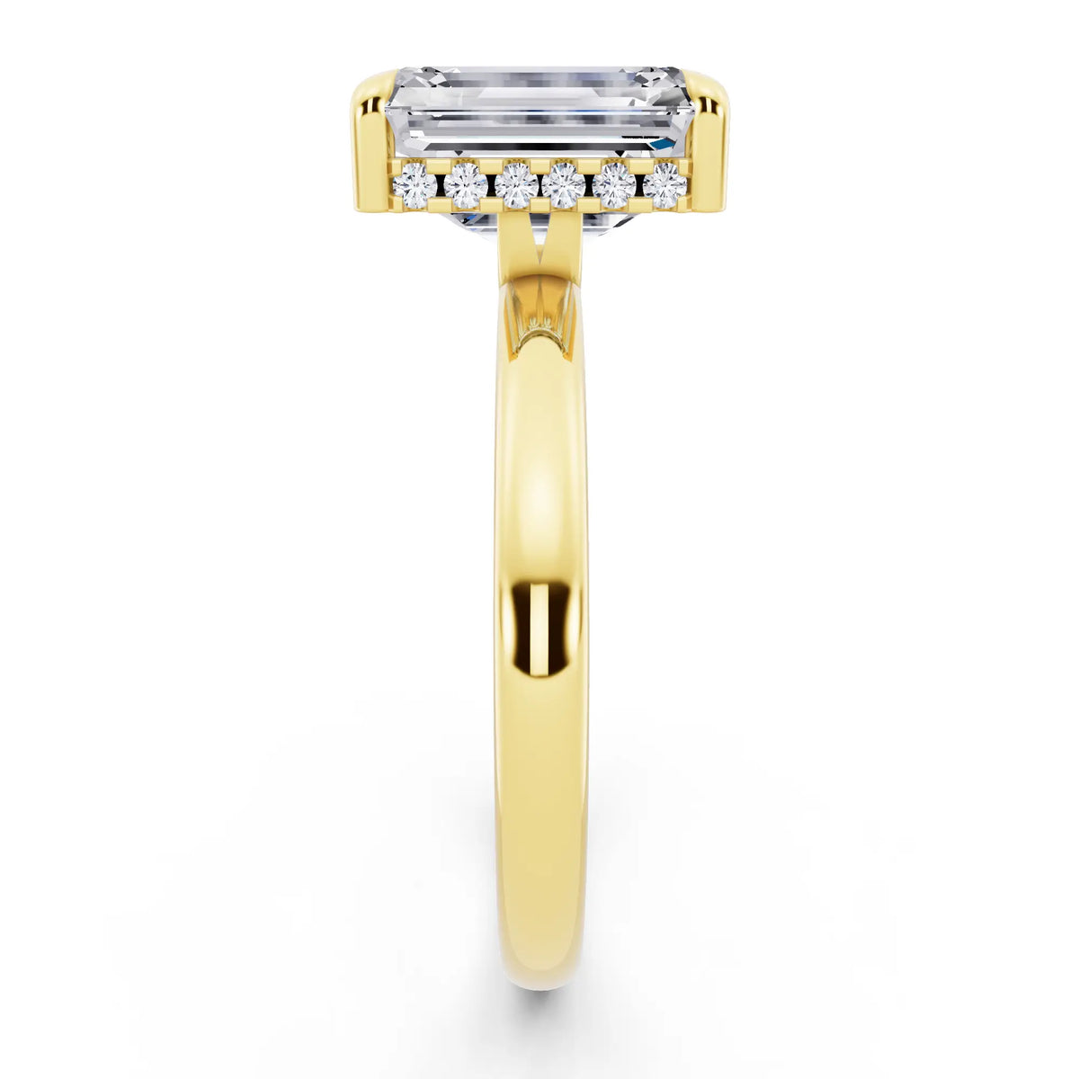 18 KT Yellow Gold Emerald Cut Diamond Solitaire Ring with Hidden Halo - side view