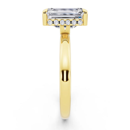 18 KT Yellow Gold Emerald Cut Diamond Solitaire Ring with Hidden Halo - side view