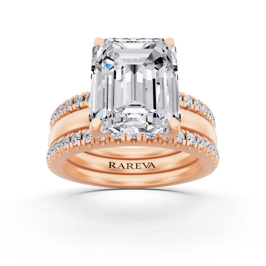 18 KT Rose Gold Emerald Cut Diamond Solitaire Twin Pave Band Stack Ring - front view