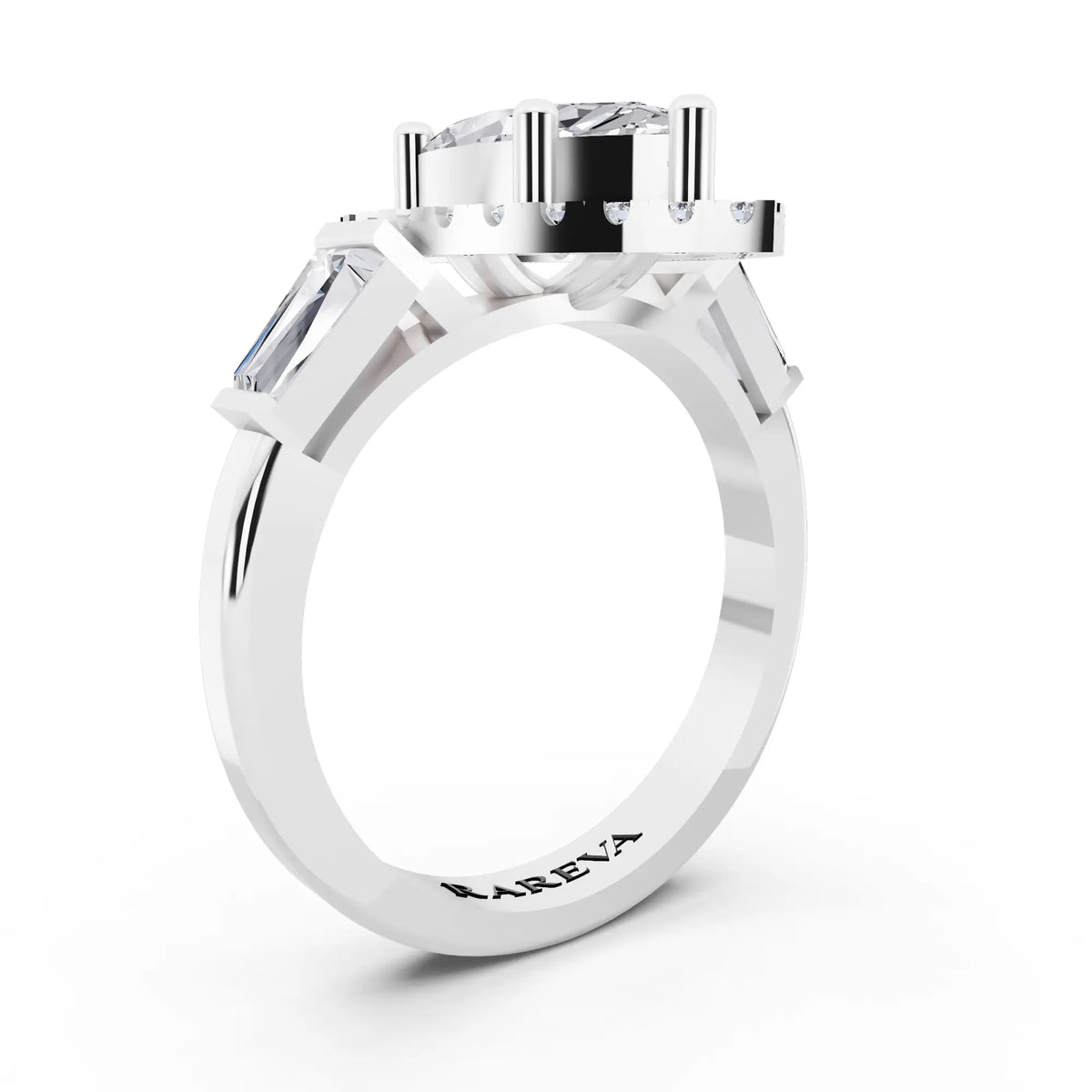 Platinum Marquise Cut Diamond Halo Ring with Baguette Accents - top view
