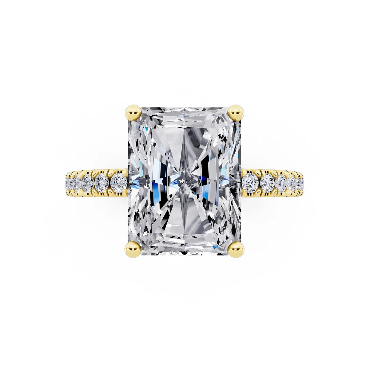 14 KT Yellow Gold Radiant Cut Diamond Solitaire Ring with Pave Eternity Band - top angle