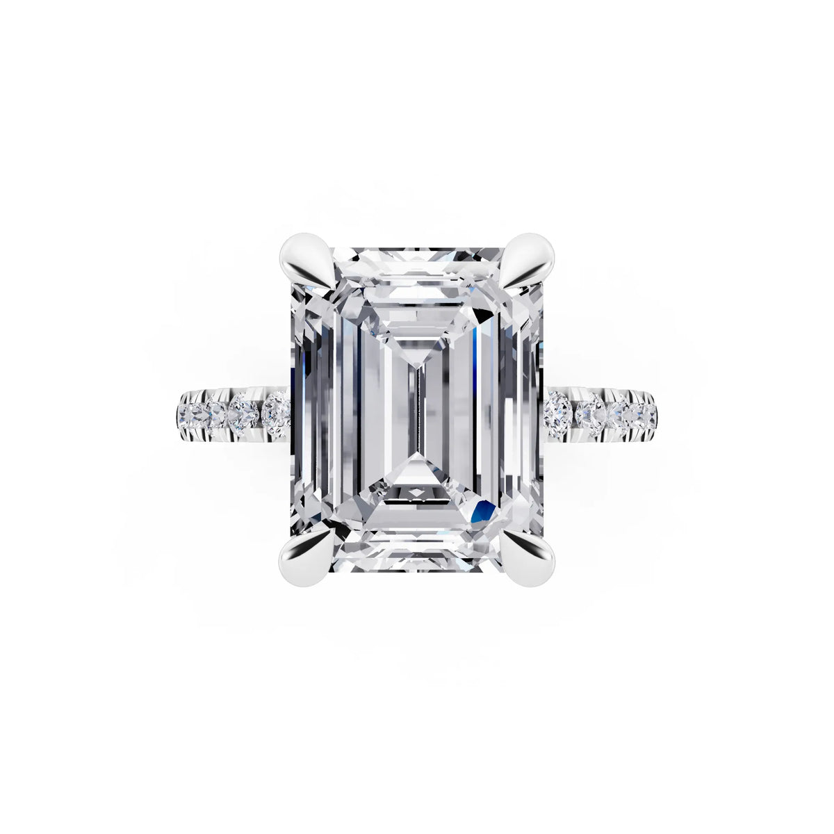 Platinum Emerald Cut Diamond Solitaire Ring with Round Pavé Band and Prong Setting - top angle