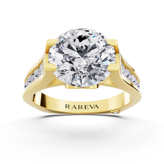 14 KT Yellow Gold Round Cut Diamond Solitaire Ring with Graduated Channel Band - Front
