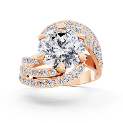 14 KT Rose Gold Round Cut Diamond Solitaire Ring with Swirl Pave Bands - Front