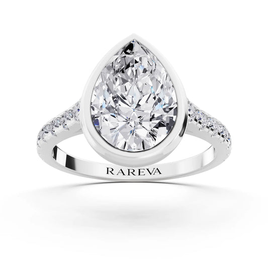 Platinum Pear Cut Diamond Bezel Set Ring with Pave Band - Front
