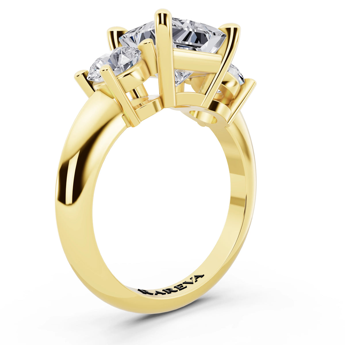 14 KT Yellow Gold Princess Cut Diamond Three Stone Ring with Round Accents - top view